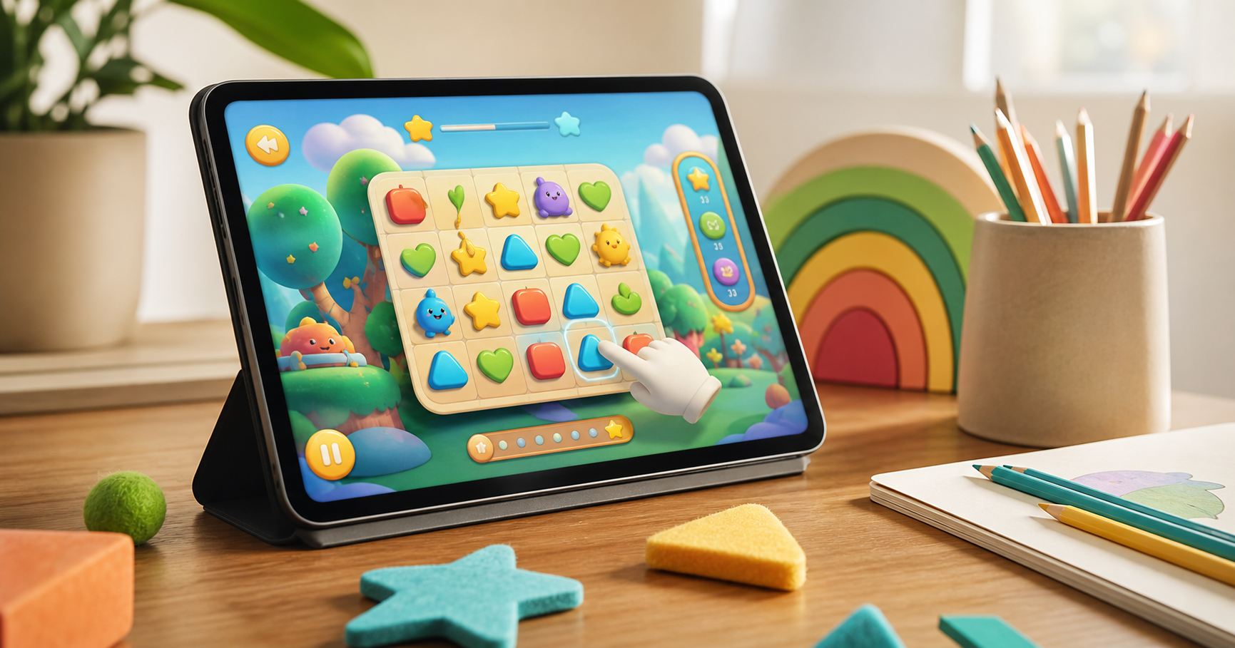 Children's puzzle game concept on a tablet in a bright studio setting
