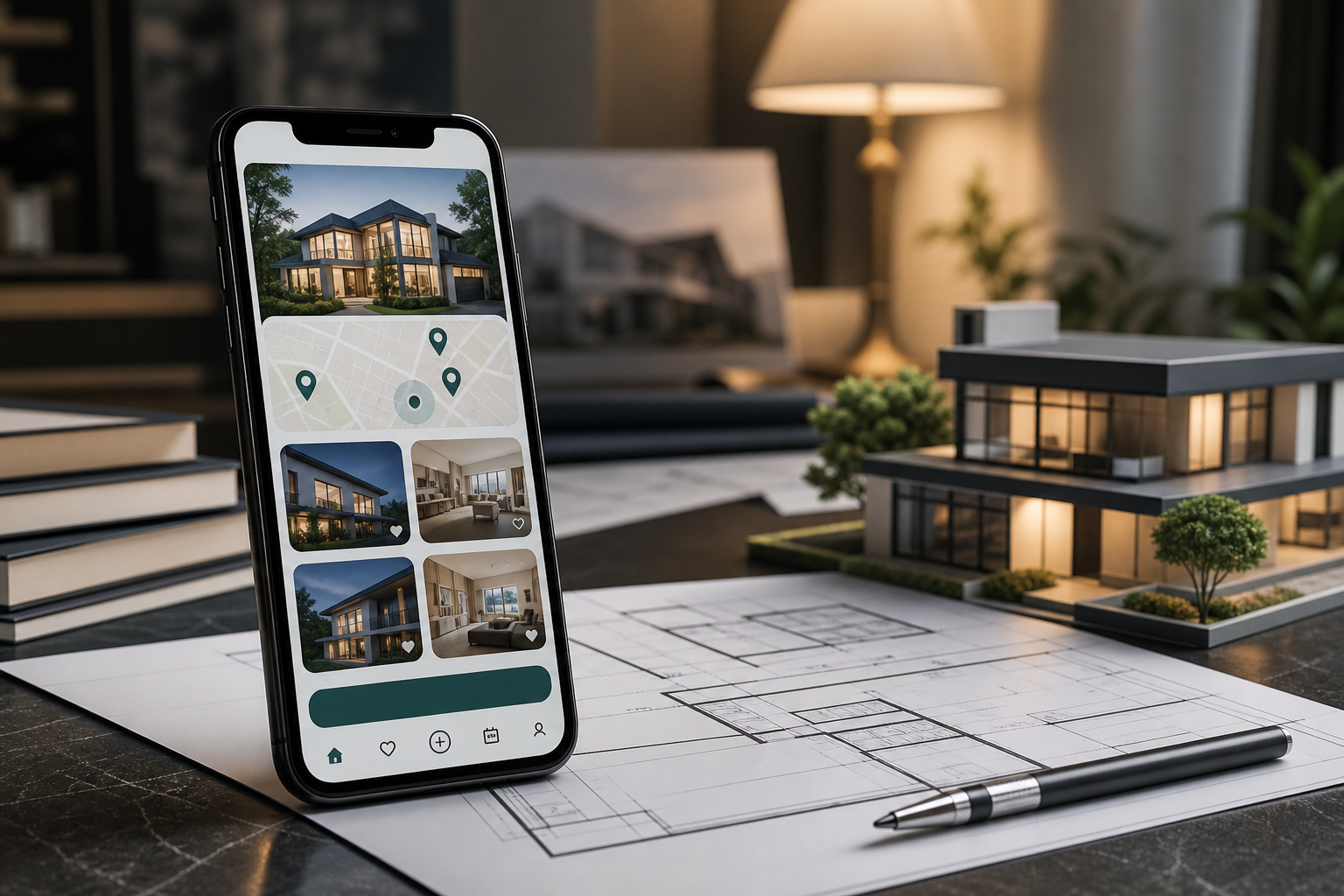 Real estate app concept displayed on an iPhone beside architectural materials