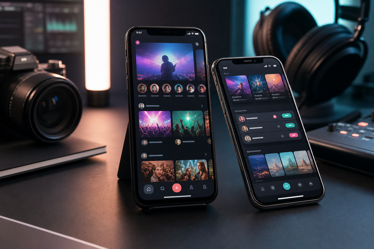 Social and entertainment app concepts displayed on phones in a creative media studio