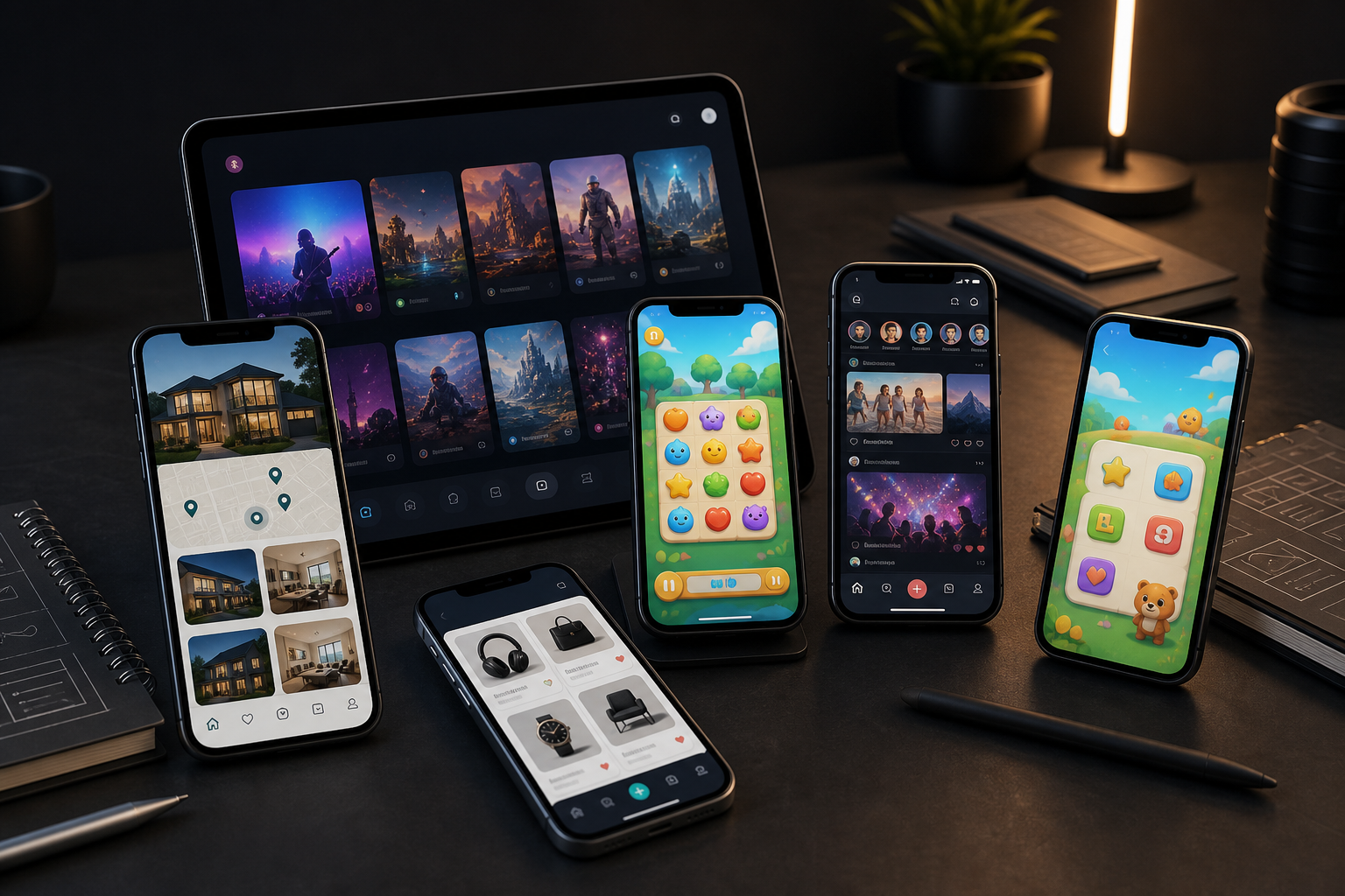 Multiple mobile devices showing real estate, entertainment, social, marketplace, and game app concepts