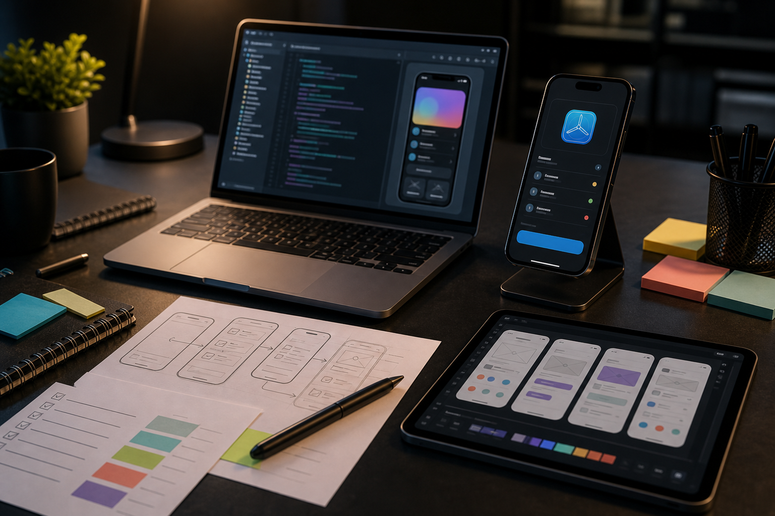 Developer workflow desk with laptop, mobile app previews, QA notes, and launch planning materials